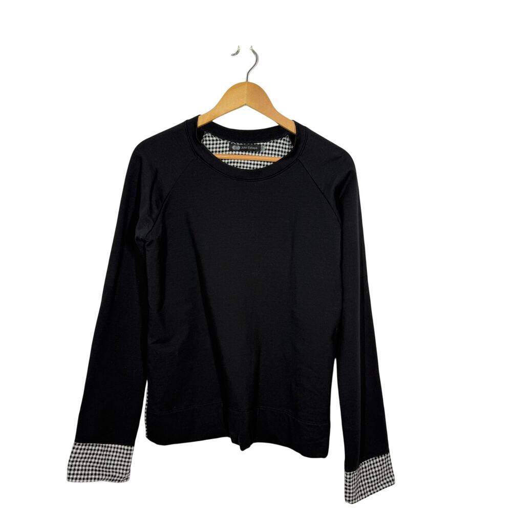 John Eshaya‎ Top Women's Small Petite USA Black White Gingham Long Sleeve Preppy